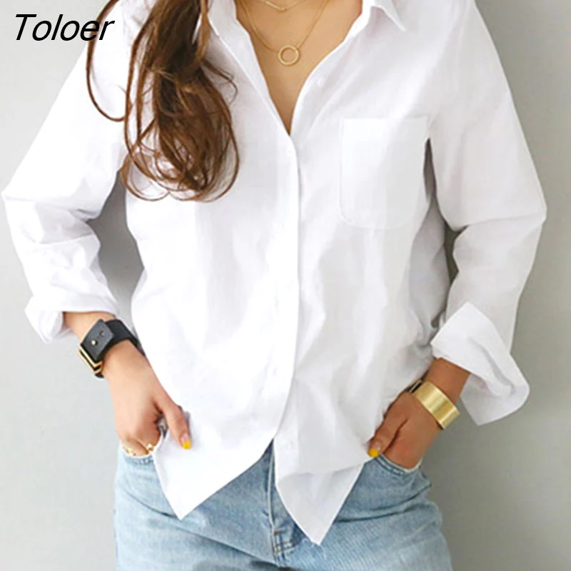 deanwangkt Long Sleeve Ladies Tops Blouses Oversized Button Casual Cotton White Shirt Women Turn-down Collar Loose Blouse Women 3496 - Deanwangkt