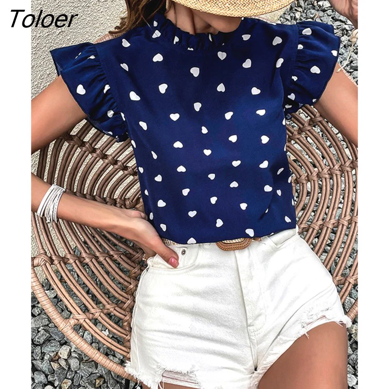 deanwangkt Chiffon Print Women's Shirt Casual Ruffle Short Sleeve Top Pink Chic Woman Blouse And Shirts Elegant Blouses Summer - Deanwangkt