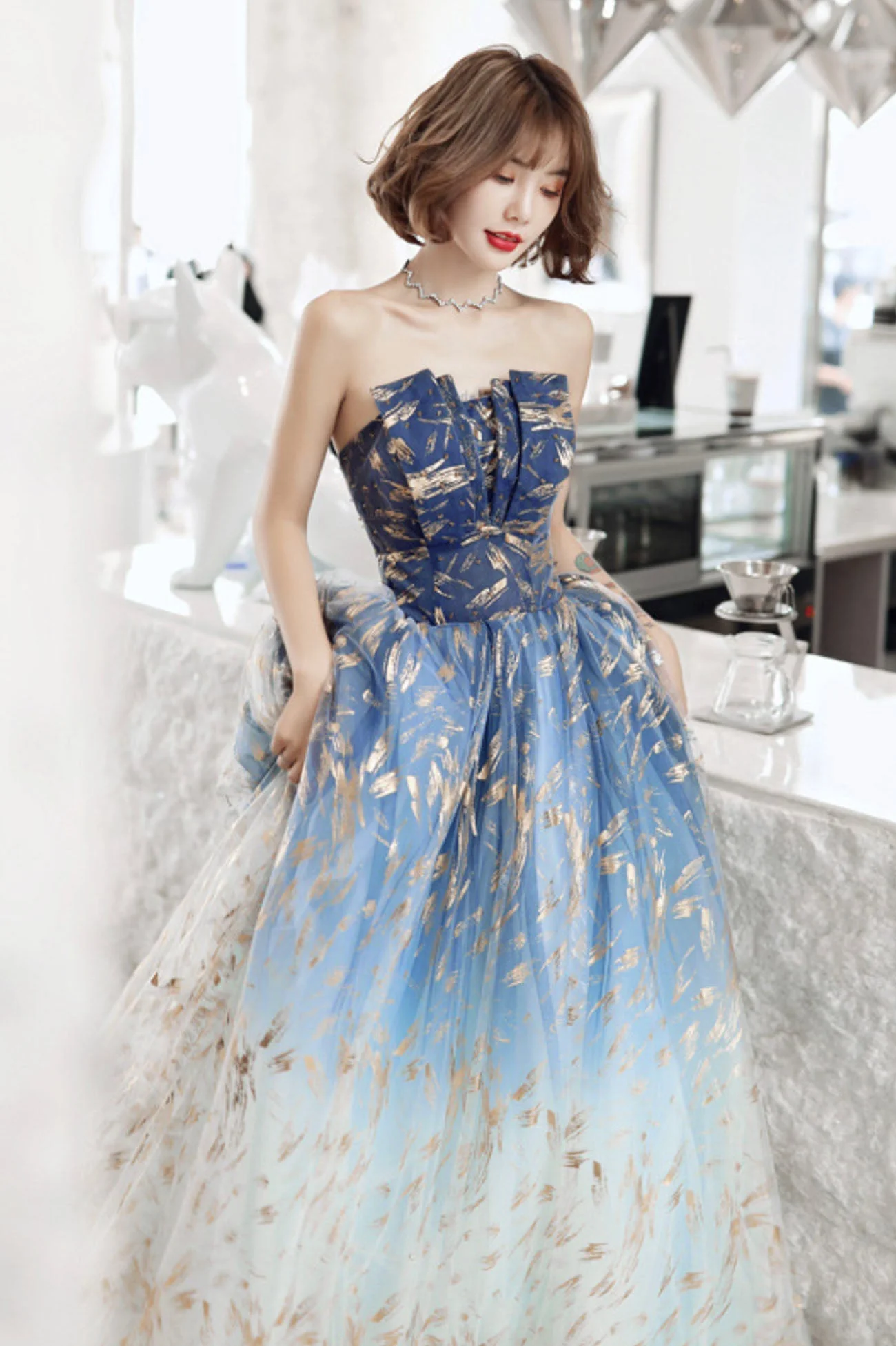 solvbao Blue Tulle Gradient Long Formal Gowns, A-Line Strapless Evening Dresses - Deanwangkt