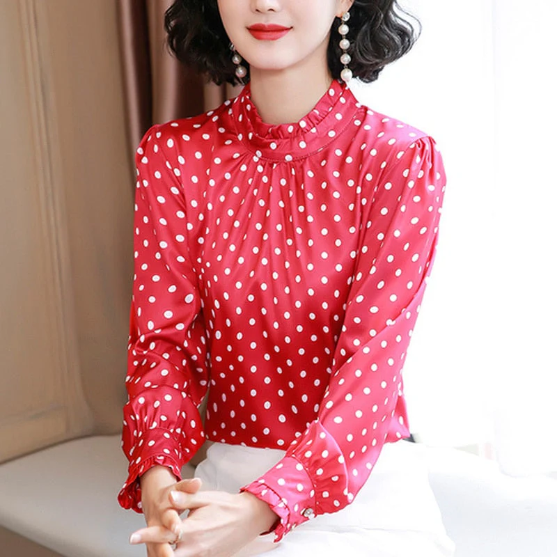 Graduation Gifts  Women Blouses Casual Stand Collar Autumn Fashion Women Shirts Blouses Long Sleeve Polka Dot Women Tops  Fashion Blusas 10589 - Deanwangkt