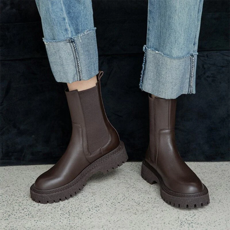 deanwangkt Autumn Shoes     Fall/Winter Shoes Women Leather Ankle Boots Women Round Toe Chunky Heel Women Shoes Solid Chelsea Boots Casual Women Boots - Deanwangkt