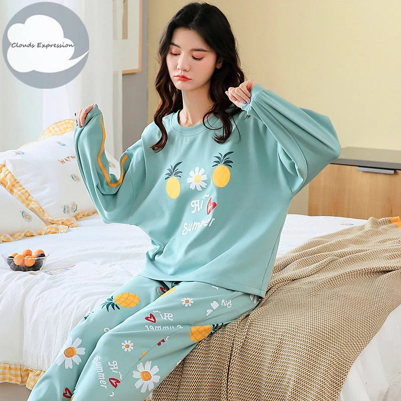 Spring Autumn Women's Sleep Lounge Pajama Long Sleeved Woman Pajama Set Cartoon Pyjamas Cotton Sleepwear M L XL XXL XXXL Fashion - Deanwangkt