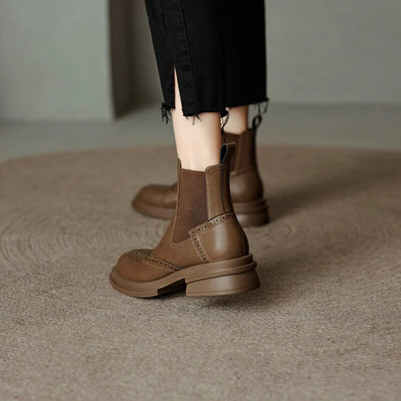 deanwangkt Autumn Boots  Women Shoes Round Toe Chelsea Boots for Women Split Leather Brogues Winter Chunky Heel Ankle Boots Black Motorcycle Boots - Deanwangkt