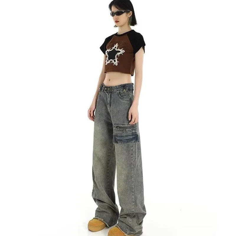 deanwangkt Hong Kong Style Retro High Waisted Workwear Jeans, Women's Summer New Unique Design, Straight Pocket, Floor Long Pants - Deanwangkt