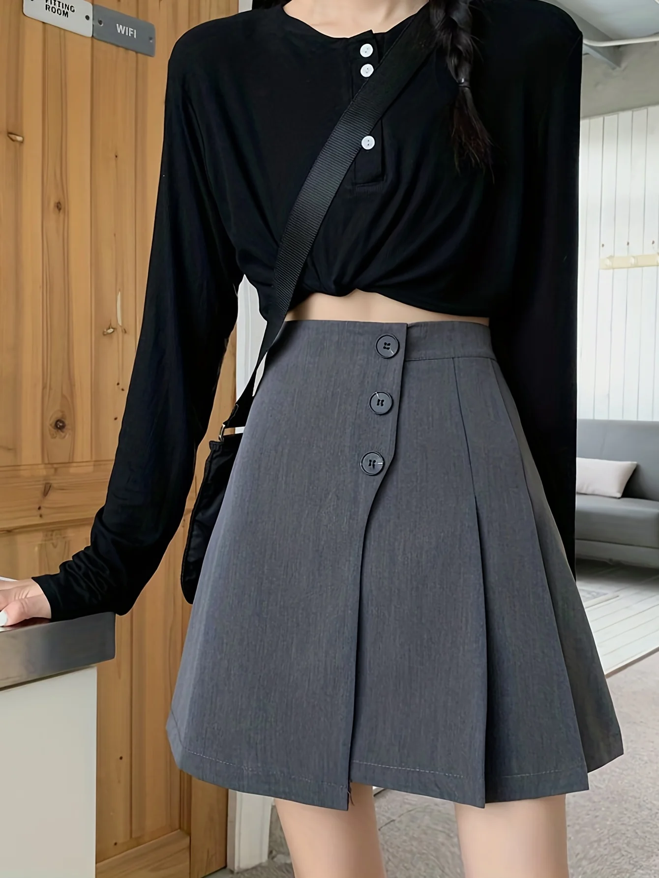 Preppy Button Front Pleated Hem Skirt, Casual Above Knee Skirt For Spring & Summer, Women's Clothing - Deanwangkt