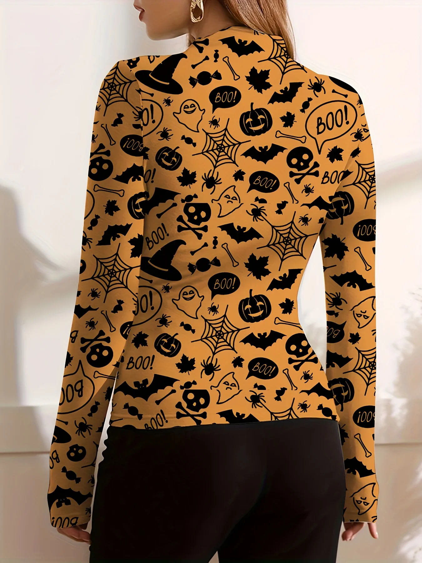 deanwangkt-1 Halloween Graphic Print Mock Neck T-Shirt, Casual Ruched Long Sleeve Top For Spring & Fall, Women's Clothing - Deanwangkt