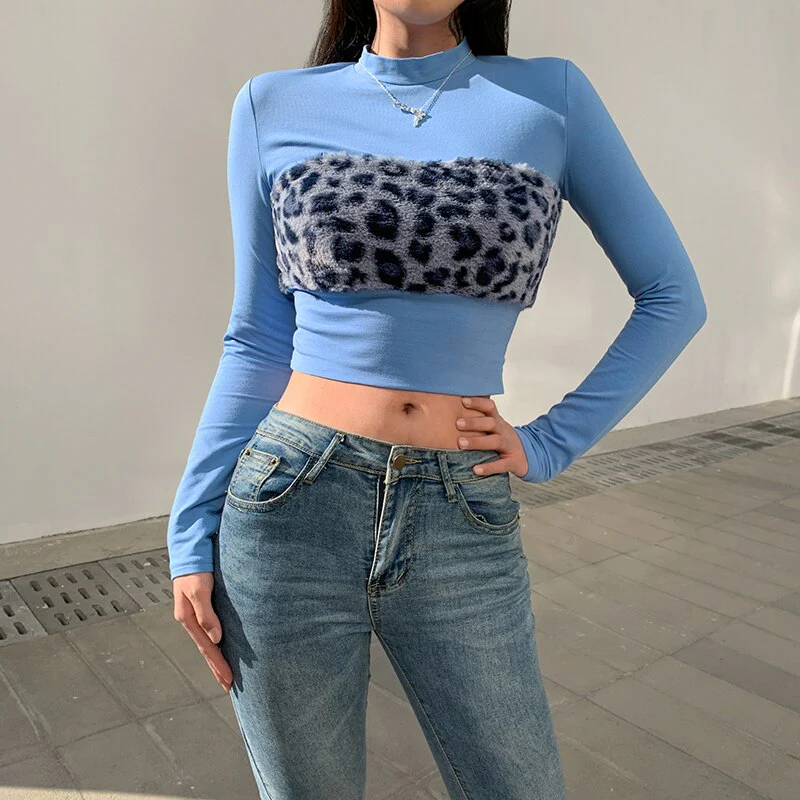 deanwangkt Patchwork Leopard Furry Long Sleeve T-shirt Autumn Casual Korean Basic Crop Top T Shirt Women 90s Blue Black Tees Y2K aesthetic - Deanwangkt