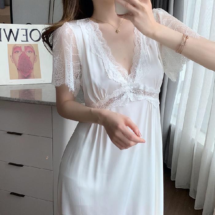 Female Nightgown Elegant Palace Style Princess Long Nightgown Sleepwear Summer Short Sleeve Sleepshirt Satin Silk Home Dress - Deanwangkt