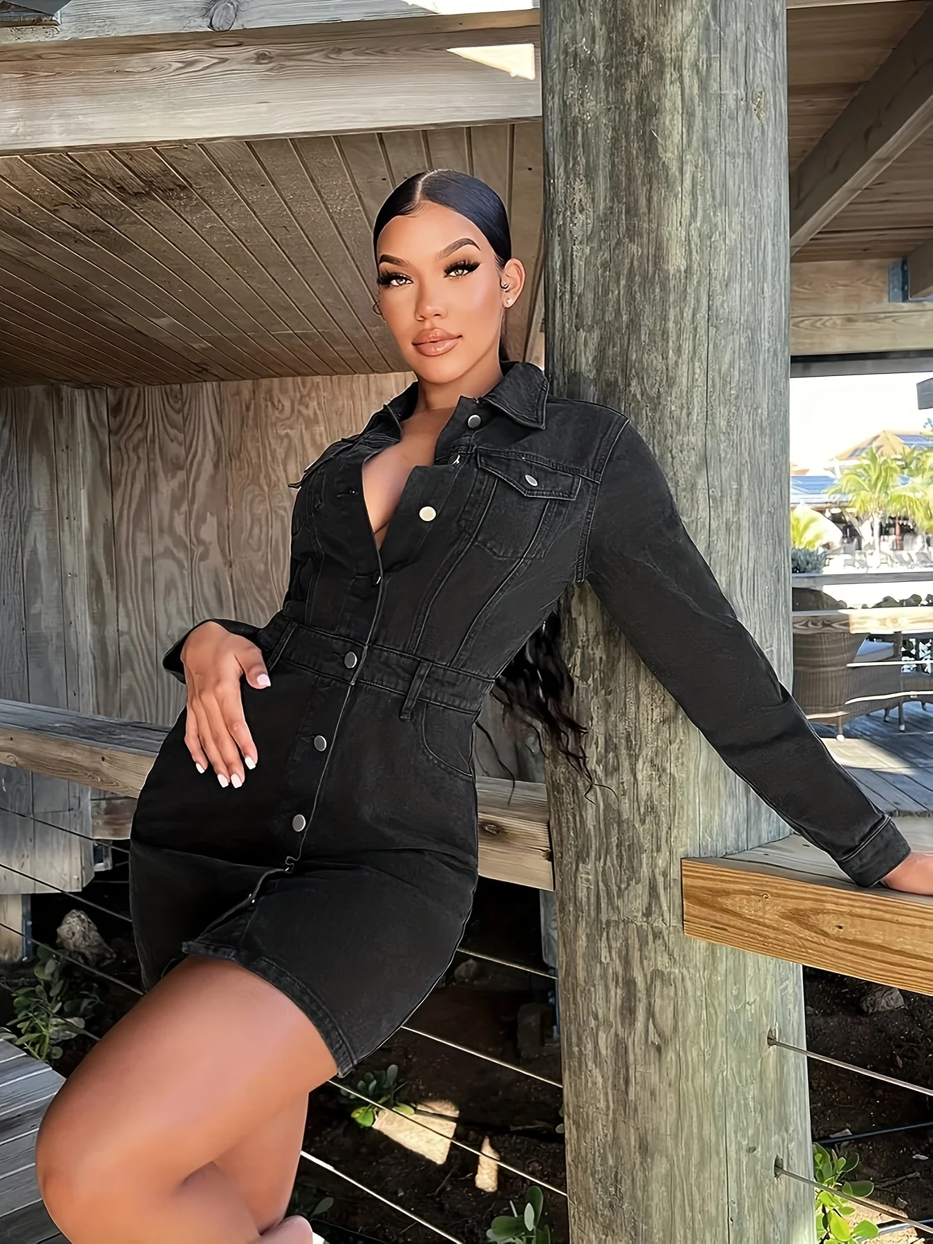 Black Washed Lapel Denim Dress, Single Breasted Button Flap Pockets Fashion Denim Dress, Women's Denim Clothing - Deanwangkt