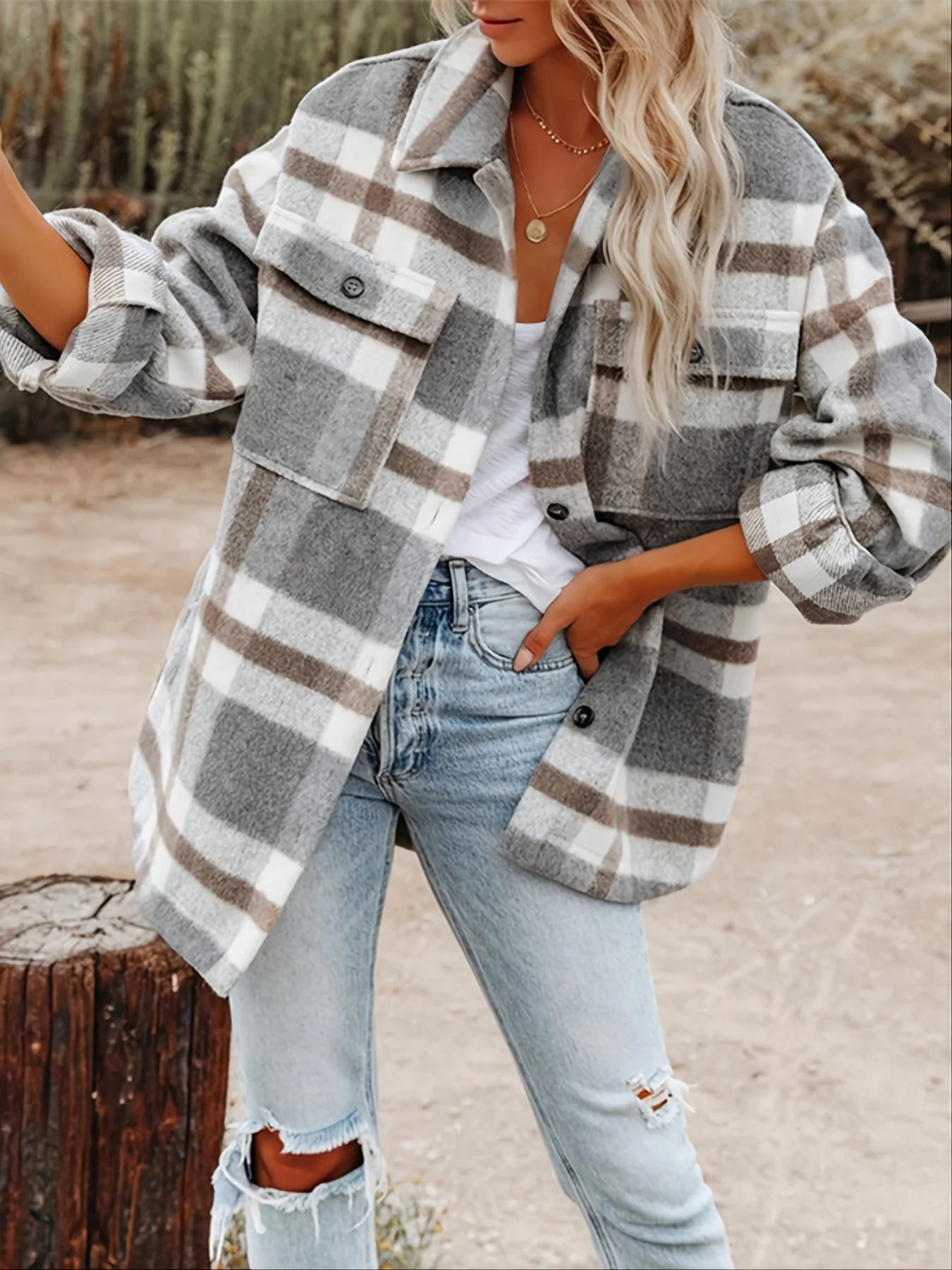 Stylish Plaid Button Down Long Sleeve Jacket, Loose Lapel Plaid Jacket, Women's Clothing - Deanwangkt