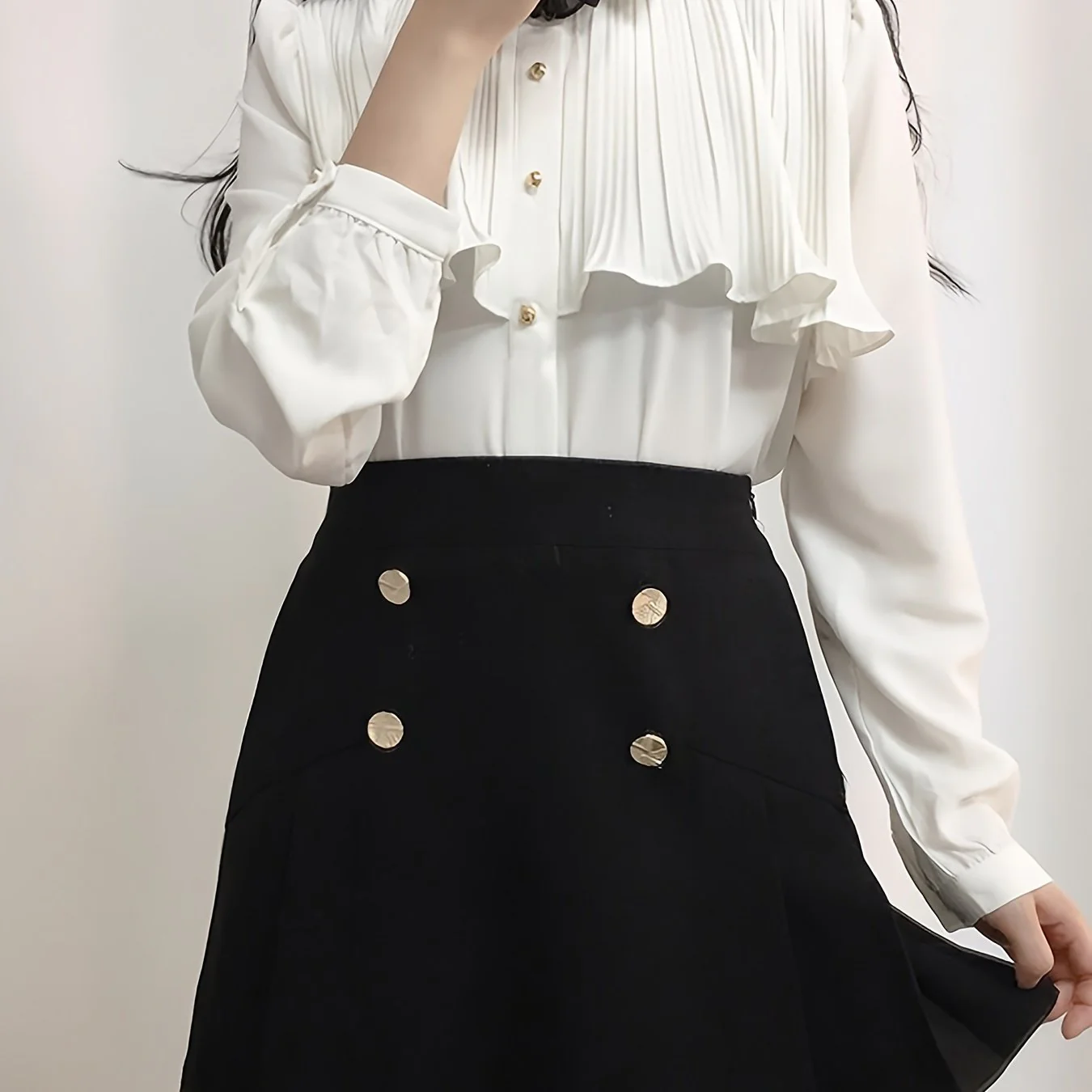 deanwangkt Solid Single Button Ruffle Trim Blouse, Sweet Long Sleeve Blouse For Spring & Fall, Women's Clothing - Deanwangkt