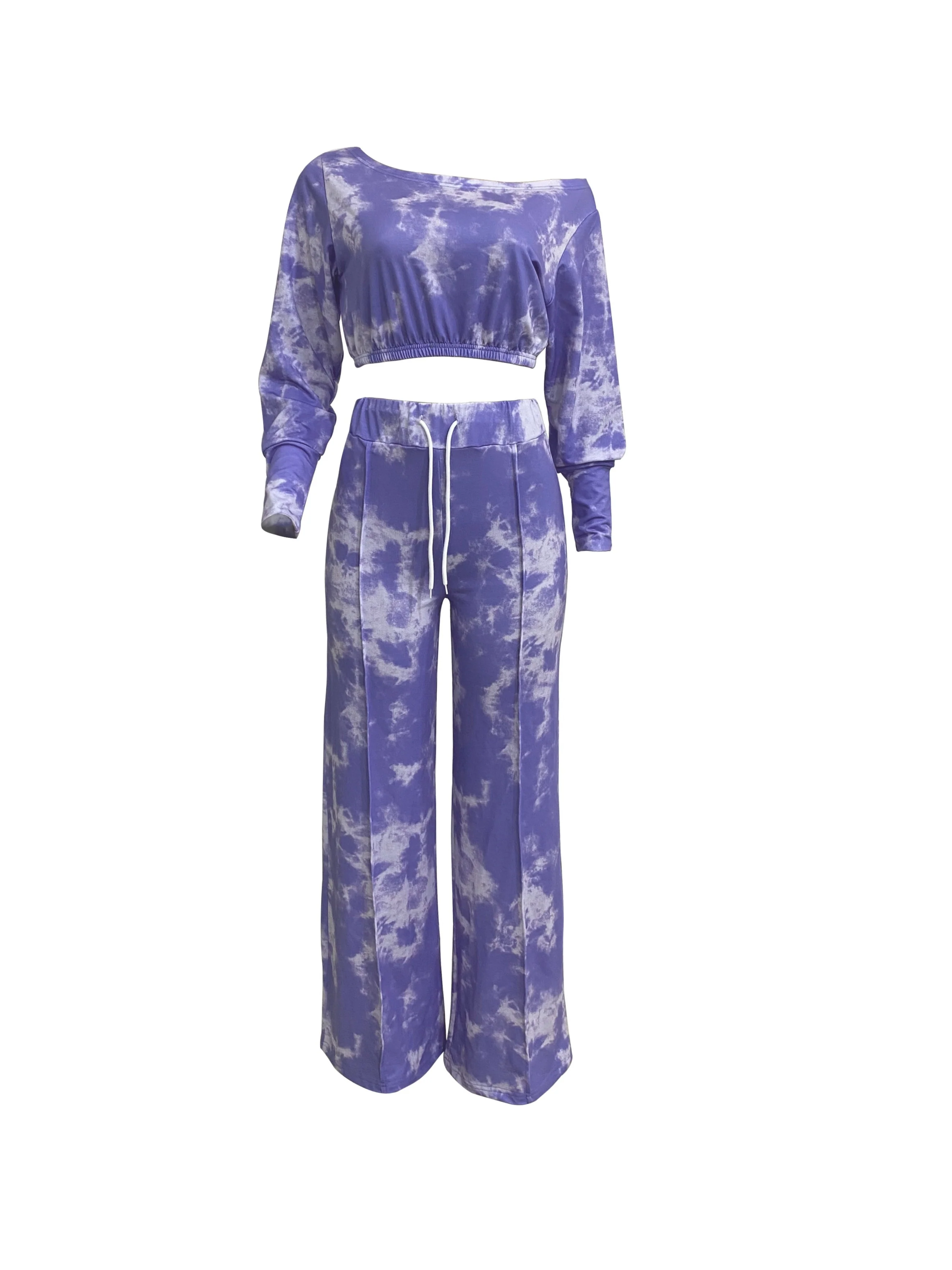 Tie Dye Two-piece Set, Asymmetrical Neck Long Sleeve Crop Top & Drawstring Wide Leg Pants Outfits, Women's Clothing - Deanwangkt
