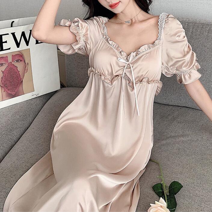 Female Nightgown Elegant Palace Style Princess Long Nightgown Sleepwear Summer Short Sleeve Sleepshirt Satin Silk Home Dress - Deanwangkt