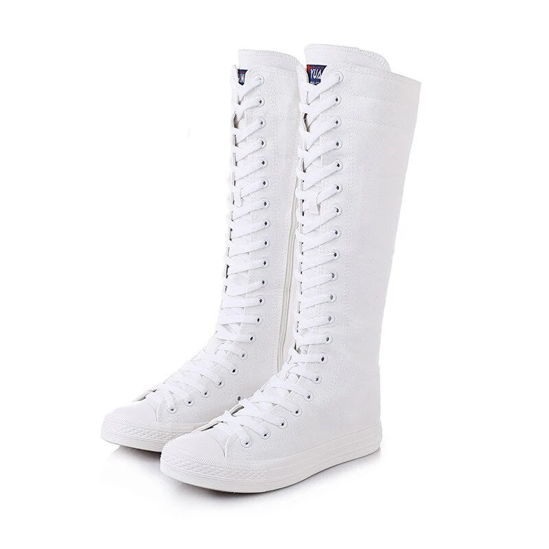 DEANWANGKT  Spring Autumn Women Shoes Canvas Casual High Top Shoes Long Boots Lace-Up Zipper Comfortable Flat Boots Sneakers Size 34-43 - Deanwangkt