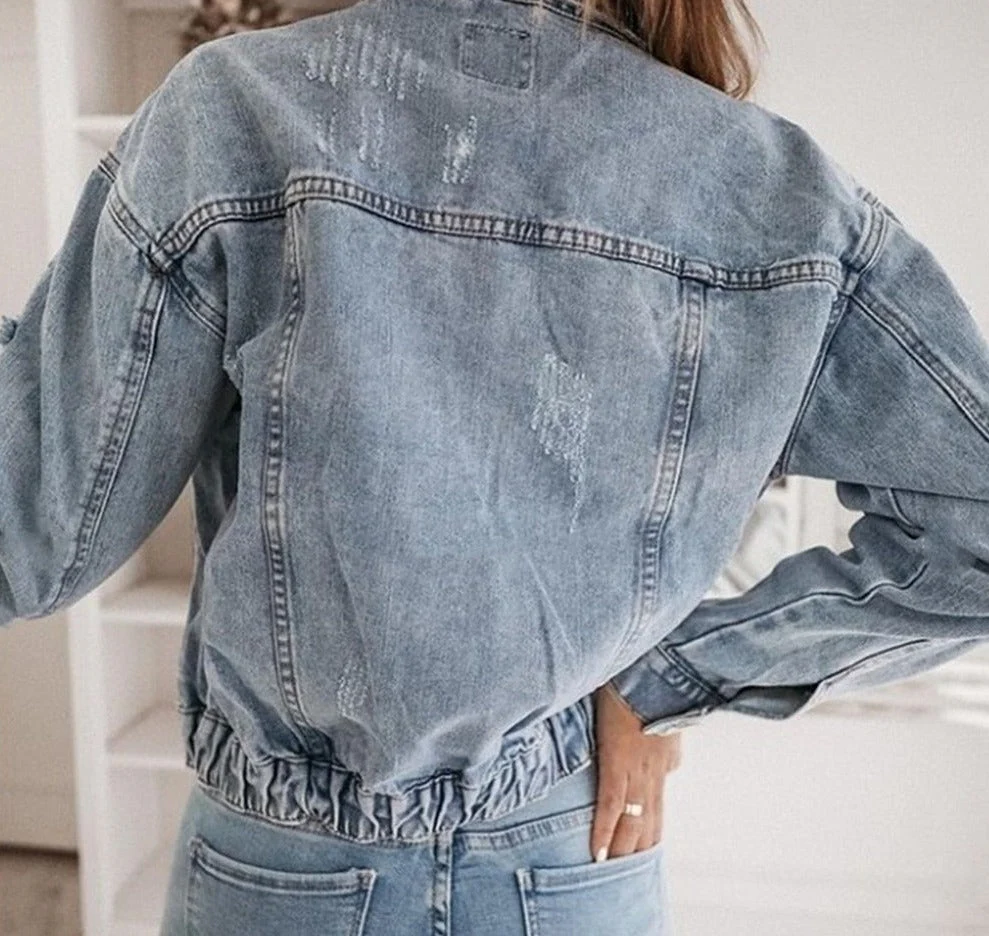 deanwangkt Women's  Casual Short Jean Jacket Sexy Denim Jackets Solid Casual Blue Cowboy Jackets Hole Loose Jean Coats - Deanwangkt