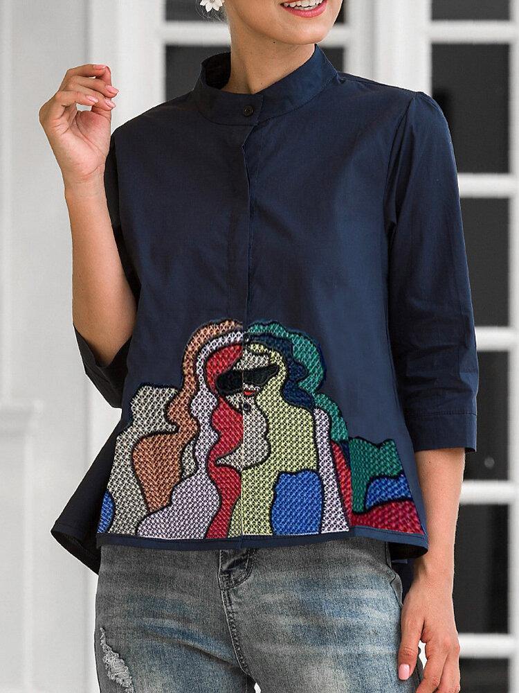 deanwangkt Funny Embroidered Button Stand Collar 3/4 Sleeves Casual Blouse For Women - Deanwangkt