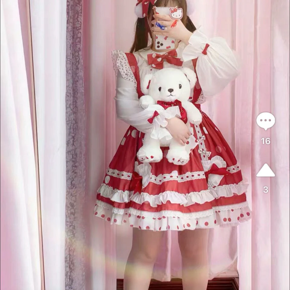 JSK Lolita Dress Victorian Princess Polka Dot Red Kawaii Sleeveless Strap Soft Girly Baby Doll Dresses Kawaii Clothing - Deanwangkt