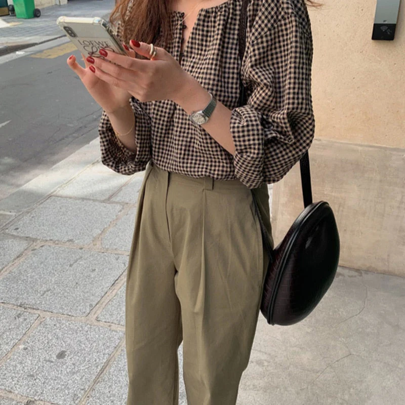 deanwangkt Blouses Women Button Fly Plaid Printed O-Neck Shirts Womens Vintage Casual Loose Tops Chic Trendy Gentle Designer Retro Clothing - Deanwangkt