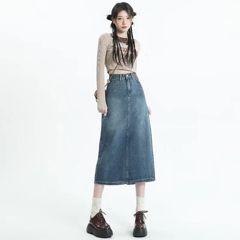 deanwangkt Retro Denim Skirt For Women Spring And Autumn New Summer Mid Length Slim A-line Split Long Skirt Skirt - Deanwangkt