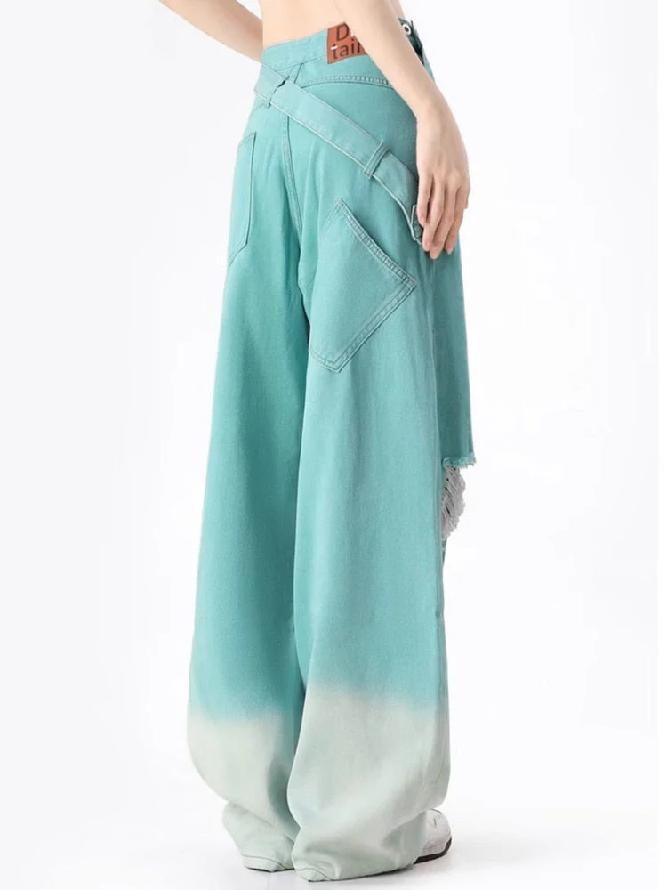 deanwangkt Spring and Autumn Dopamine Leisure Network Red Fried Street Age Reducing Gradient Denim Wide Leg Pants Women's Jeans - Deanwangkt