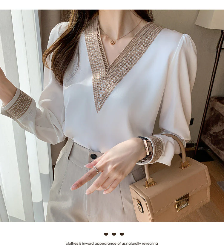 deanwangkt Summer Embroidery V-Neck Chiffon Blouse Shirt Women Long Sleeve Loose White Women Blouses Tops Blusas Mujer De Moda - Deanwangkt
