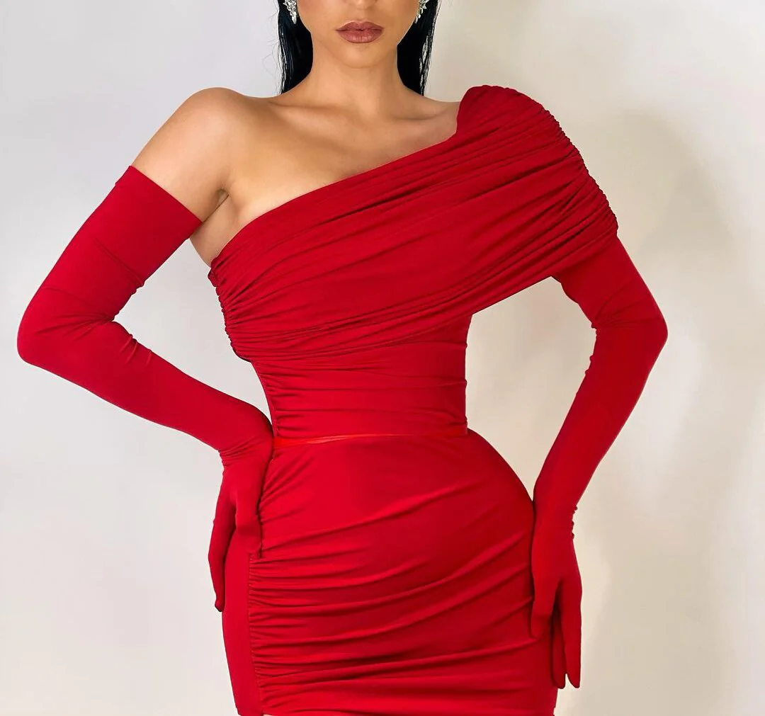 Mermaid Long Sleeves Evening Dresses with Gloves  Evening Gown One Shoulder Vestido De Festa Robe De Soiree - Deanwangkt