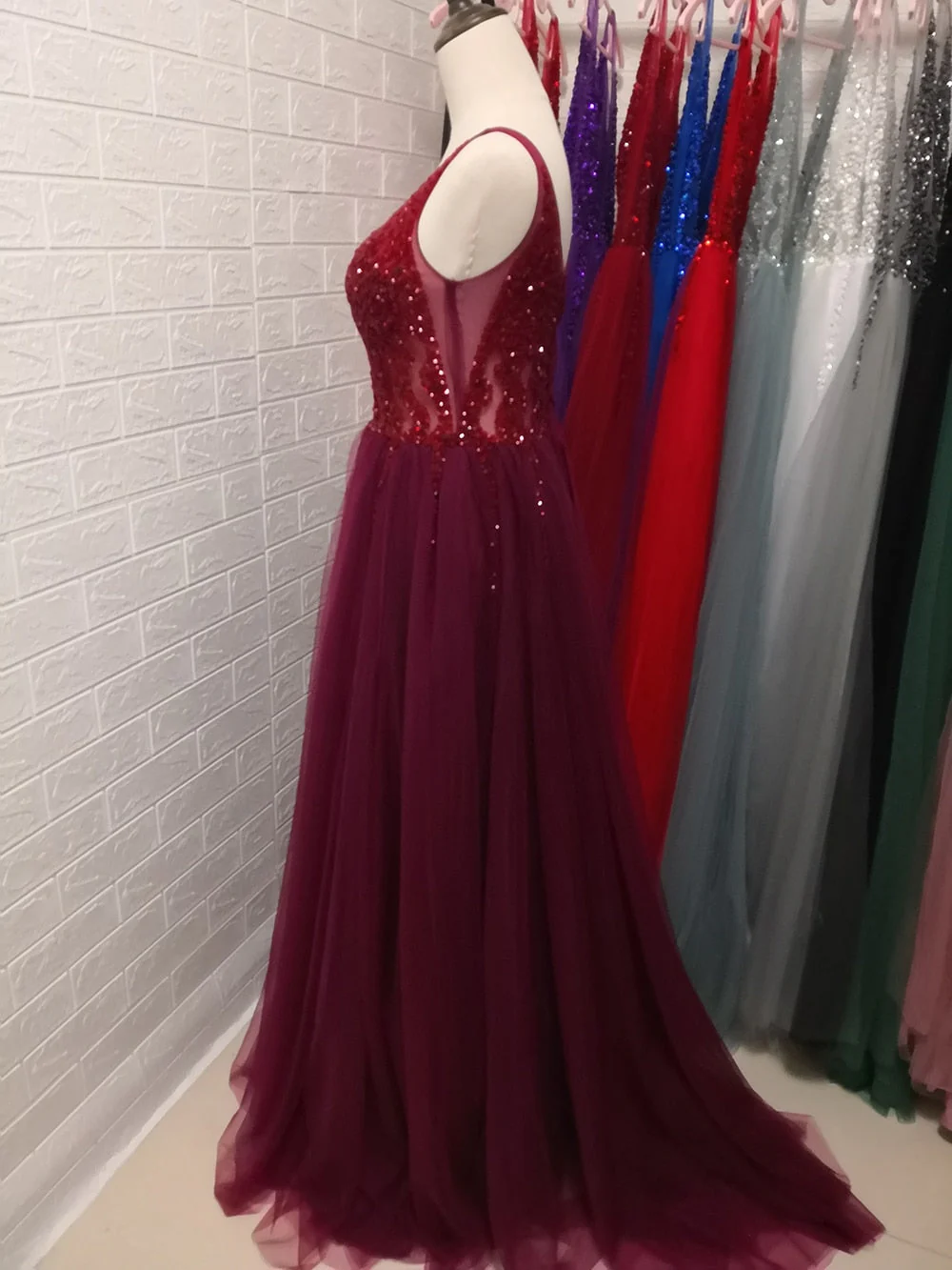 Sexy V-Neck Long Prom Dresses  Beaded Beading Crystal High Splits Backless A-Line Formal Gown Party Dress - Deanwangkt