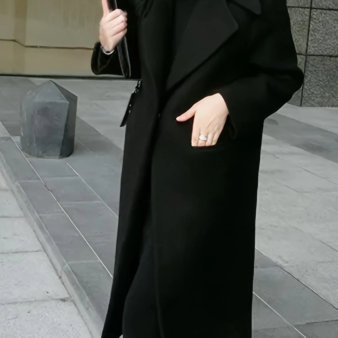 Solid Lapel Mid Length Overcoat, Elegant Long Sleeve Winter Outerwear, Women's Clothing - Deanwangkt