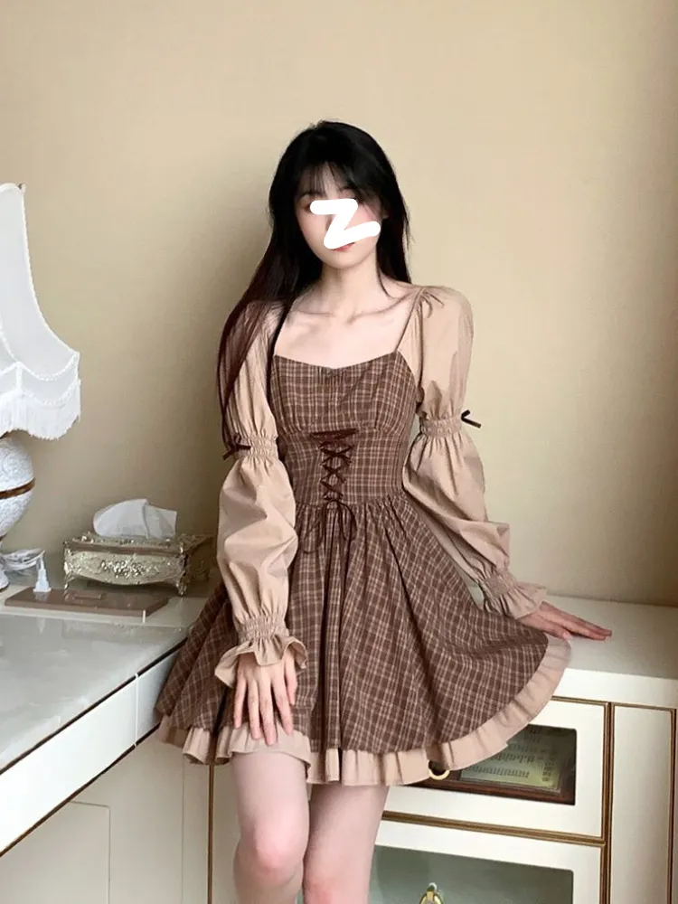 deanwangkt Summer Kawaii Party Lolita Dress Women Causal Long Sleeve Y2k Mini Dress Female Plaid Slim One Piece Dress Korean Chic - Deanwangkt