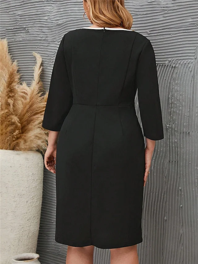 Joskka Women's Plus Size Curve Casual Dress Winter Dress Sheath Dress Solid Color Mini Dress 3/4 Length Sleeve Lace up Crew Neck Fashion Outdoor Black Fall Winter L XL 2XL 3XL 4XL - Deanwangkt