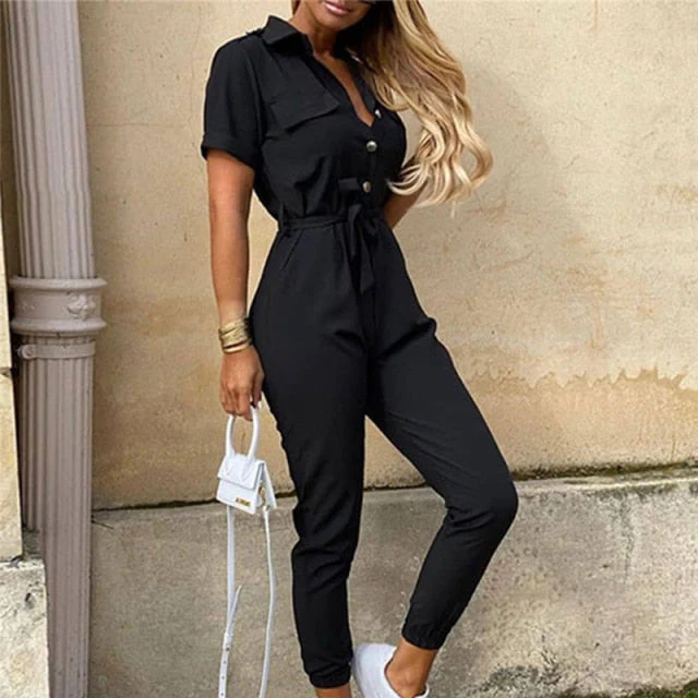 Elegant Solid Jumpsuit Women Summer  Deep V Neck Button Shirt Overalls Short Sleeve Office Lady One Piece Romper Belt - Deanwangkt
