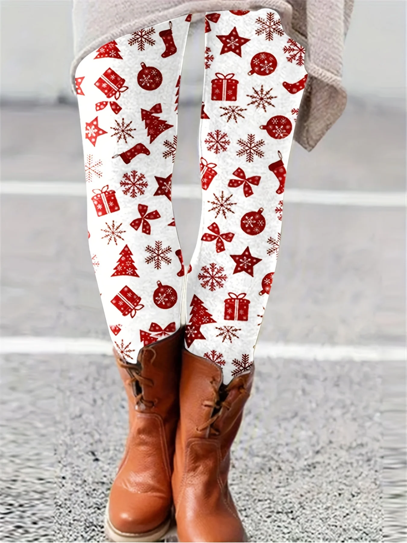 Plus Size Christmas Pants, Women's Plus Allover Print High Rise Medium Stretch Skinny Trousers - Deanwangkt