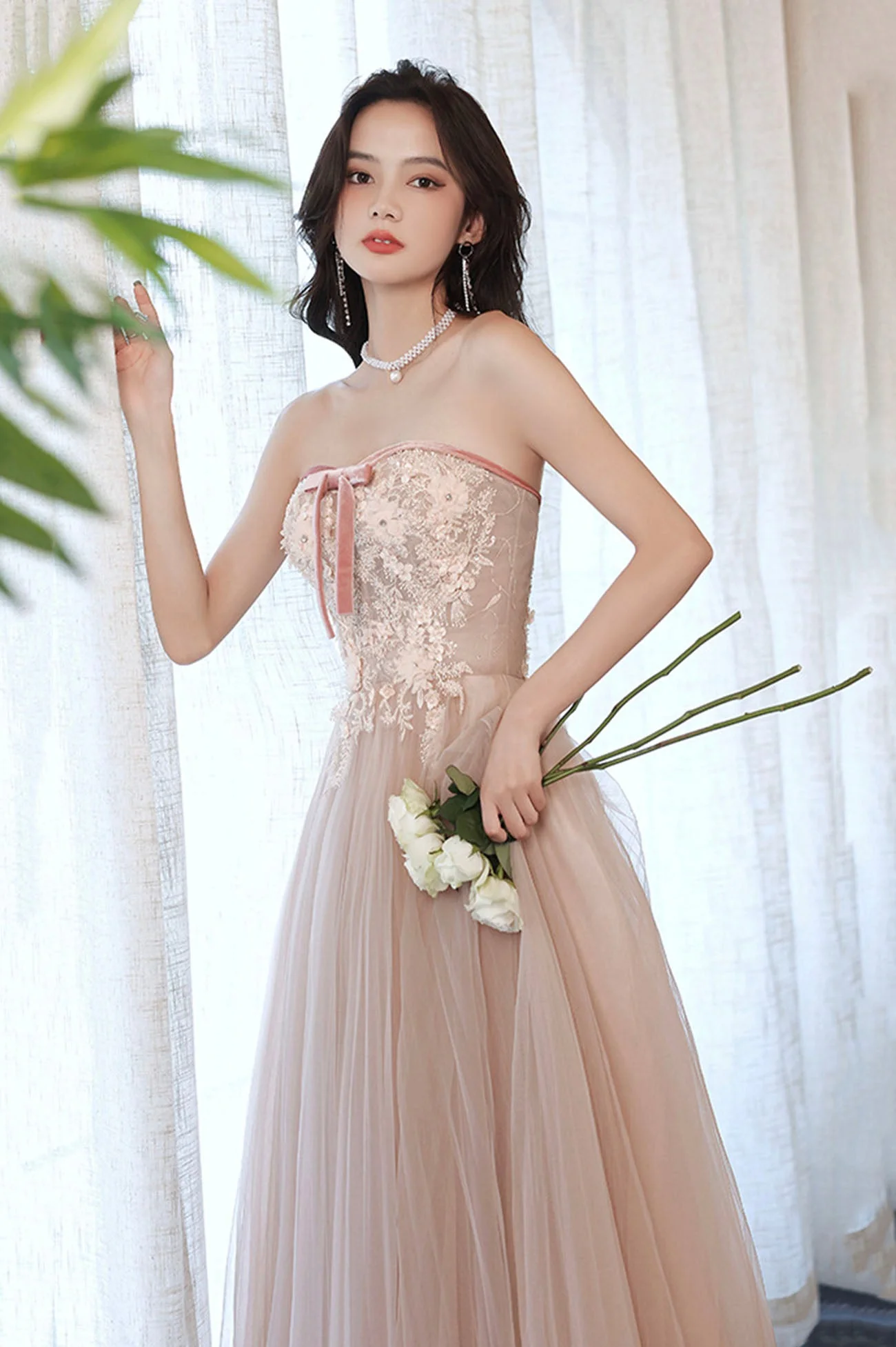 solvbao Pink Strapless Lace Long Prom Dresses, A-Line Evening Dresses - Deanwangkt