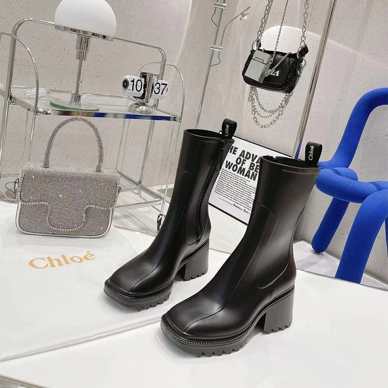 DEANWANGKT  New Square Toe Rain Boots For Women Chunky Heel Thick Sole Ankle Boots Designer Chelsea Boots Ladies Rubber Boot Rain Shoes - Deanwangkt