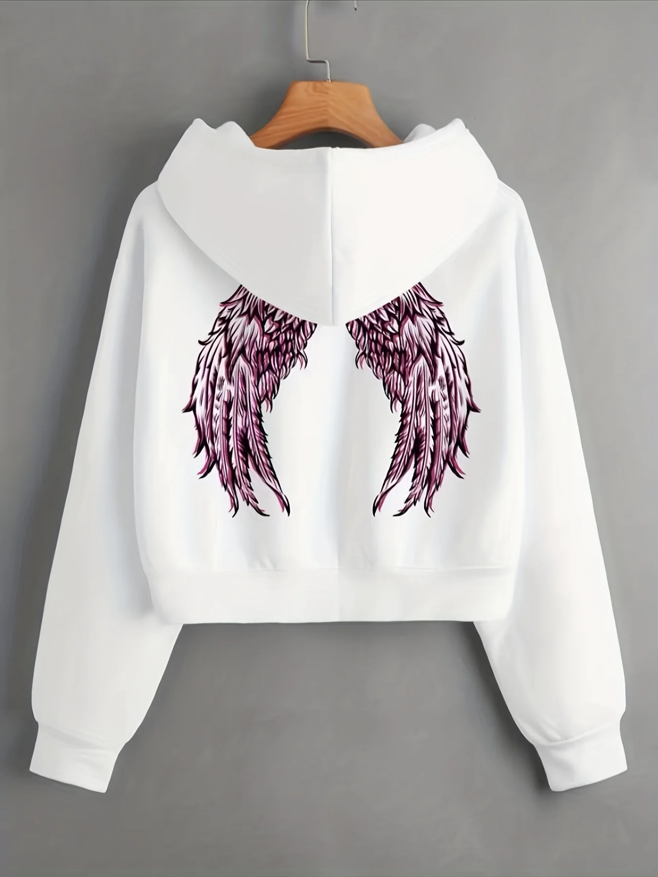 Wings Print Thermal Lined Drawstring Crop Sweatshirt, Long Sleeve Casual Sports Hoodie, Women's Athleisure - Deanwangkt