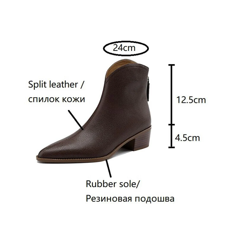 deanwangkt Autumn Shoes    NEW Autumn Boots Women Split Leather Shoes for Women Pointed Toe Chunky Heel Shoes Retro Zipper Short Boots Apricot Ankle Boots - Deanwangkt