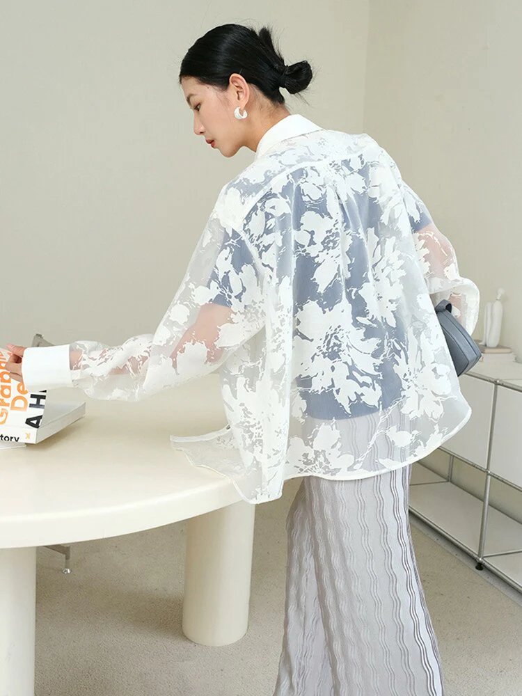 deanwangkt Summer Patchwork Sheer Mesh Shirt For Women Lapel Long Sleeve Solid Blouses Female Fashion Clothing Style New - Deanwangkt