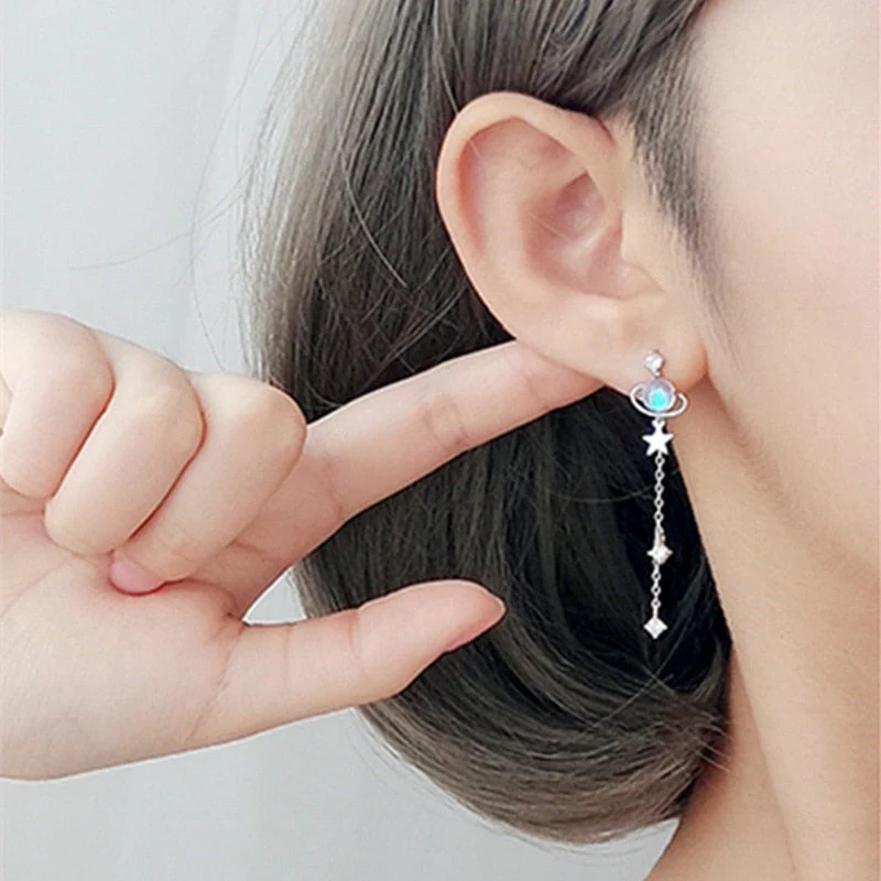 Korean Exquisite Planet Moon Butterfly Tassel Earrings for Women Sparkling Crystal Asymmetrical Drop Earrings Girl Party Jewelry - Deanwangkt