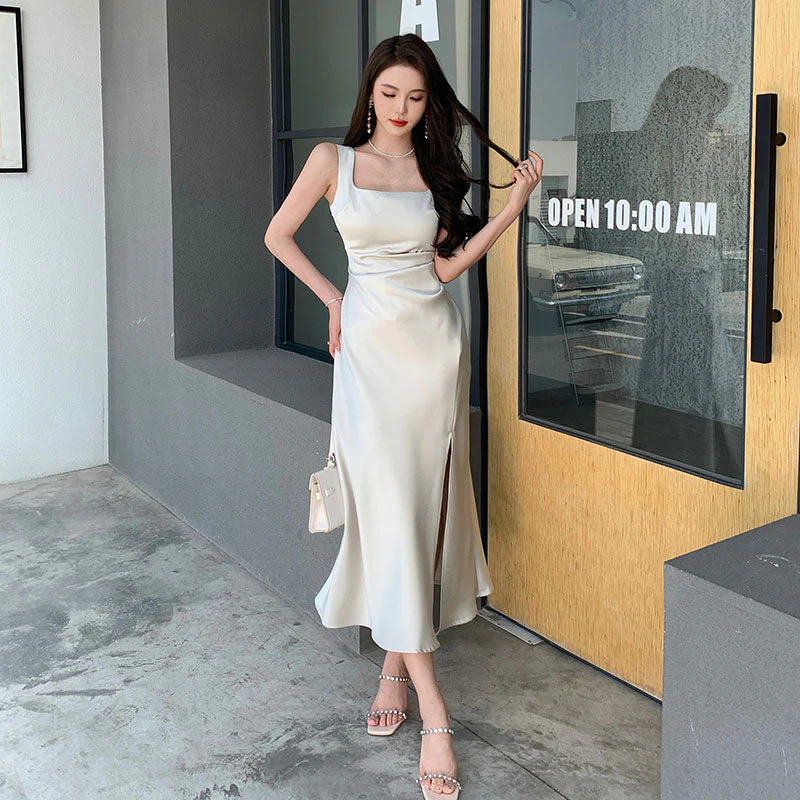 deanwangkt Summer Fashion Women Elegant White Satin French Dress Sexy Square Collar Silk Long Bodycon Dress Wedding Cocktail Prom Dresses - Deanwangkt