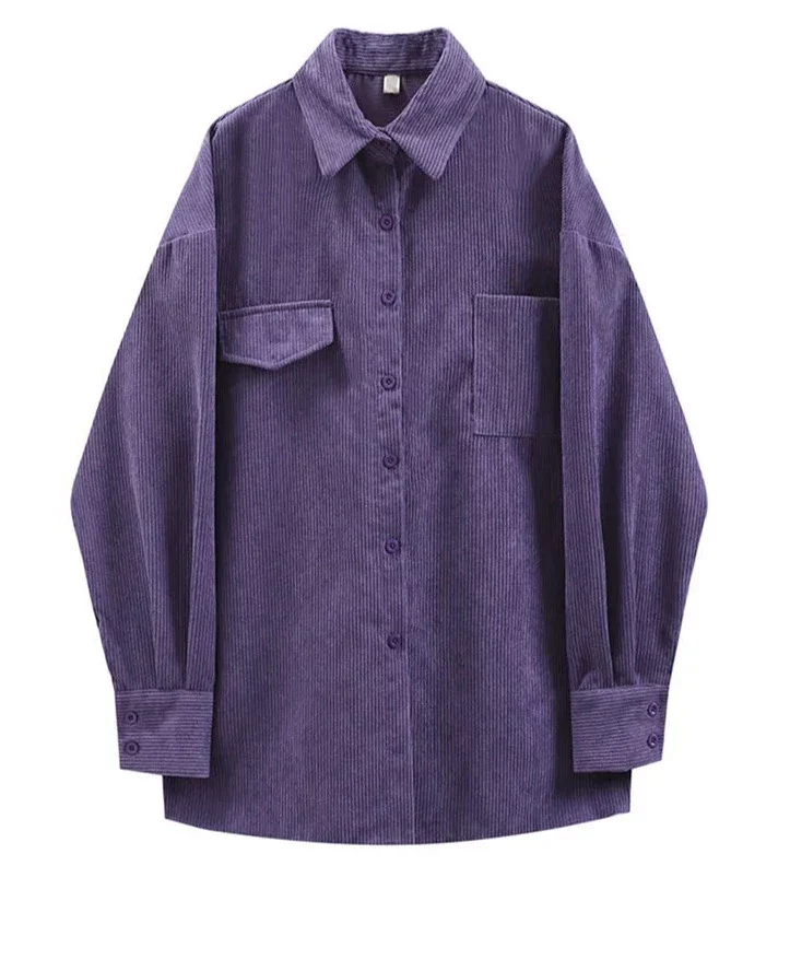 deanwangkt Corduroy Purple Top Button Up Women Shirts Long Sleeve Turn Down Collar Oversized Loose Outerwear Spring Blouse - Deanwangkt
