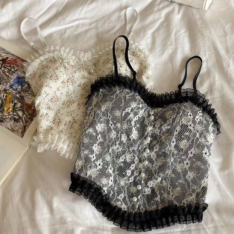 deanwangkt Women Vintage Camisole Summer Floral Chic Korean Girls Single-breasted Pearl Button Lace Crop Top Camisoles For Women Streetwear - Deanwangkt