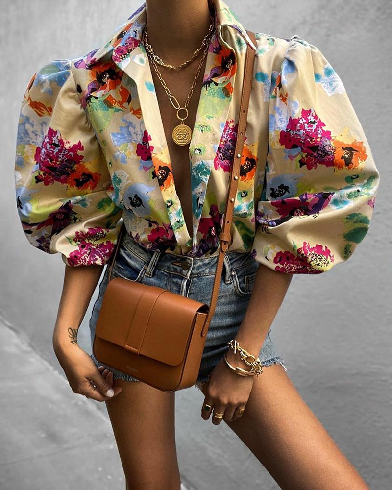 deanwangkt  Elegant Print Puffed Sleeve Blouse Top Autumn Womens Turn-Down Collars Half Sleeve Tie Dye Blouses Shirt Outwears - Deanwangkt