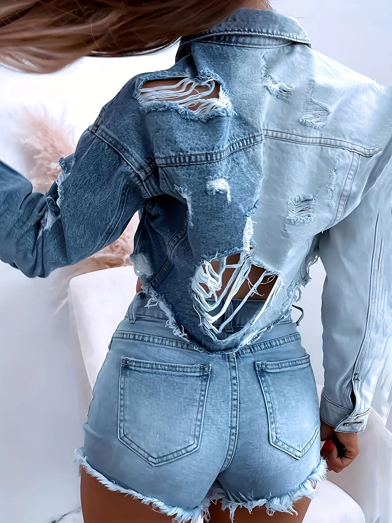 deanwangkt-1  Ripped Color Block Cropped Denim Jacket, Distressed Vintage Style Single-Breasted Long Sleeve Denim Coat, Women's Denim Jeans & Clothing - Deanwangkt