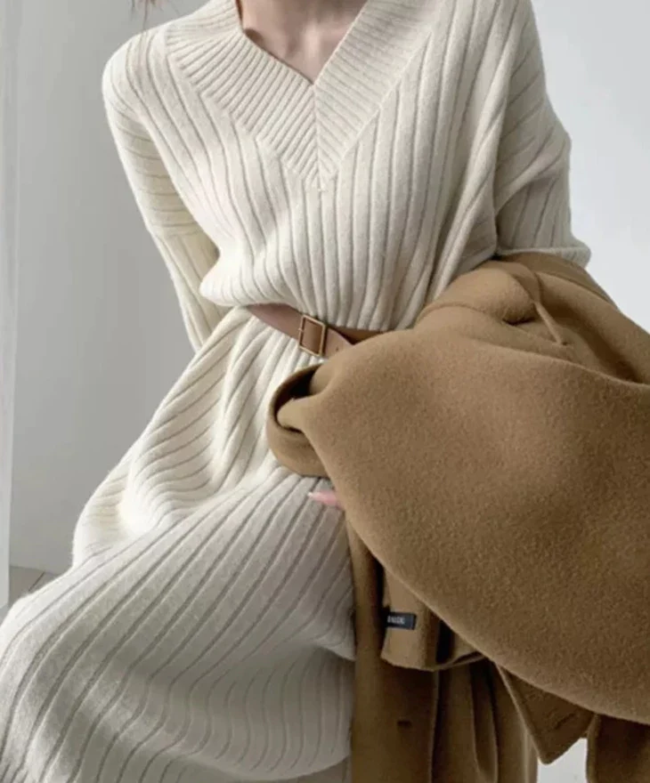 deanwangkt Midi Sweater Dresses Women Autumn Winter V Neck Long Sleeve Warm Elegant Long Casual Loose Ladies Harajuku Dress - Deanwangkt