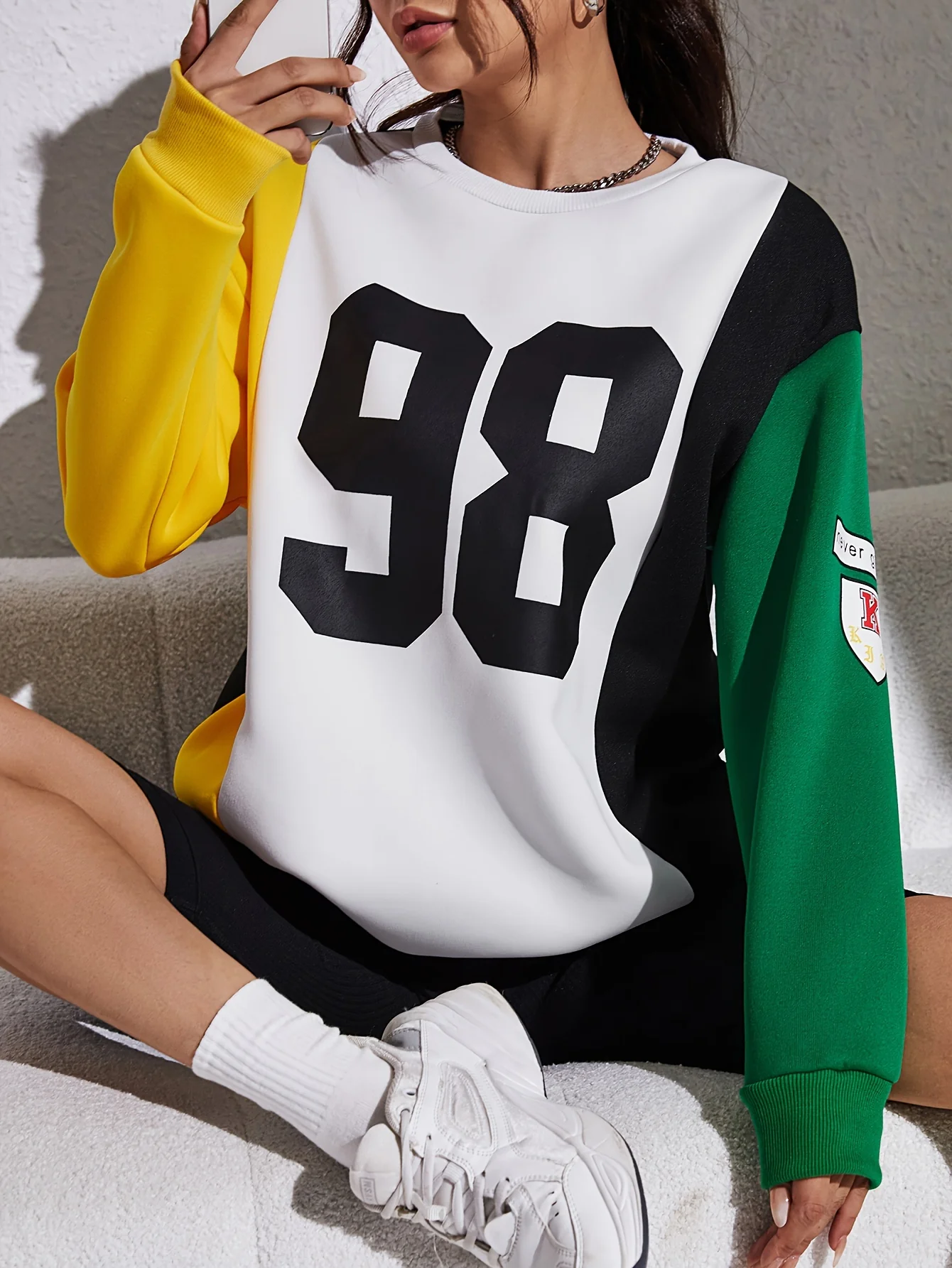 deanwangkt-1 Color Block Number Print Pullover Sweatshirt, Casual Long Sleeve Crew Neck Sweatshirt For Fall & Winter, Women's Clothing - Deanwangkt