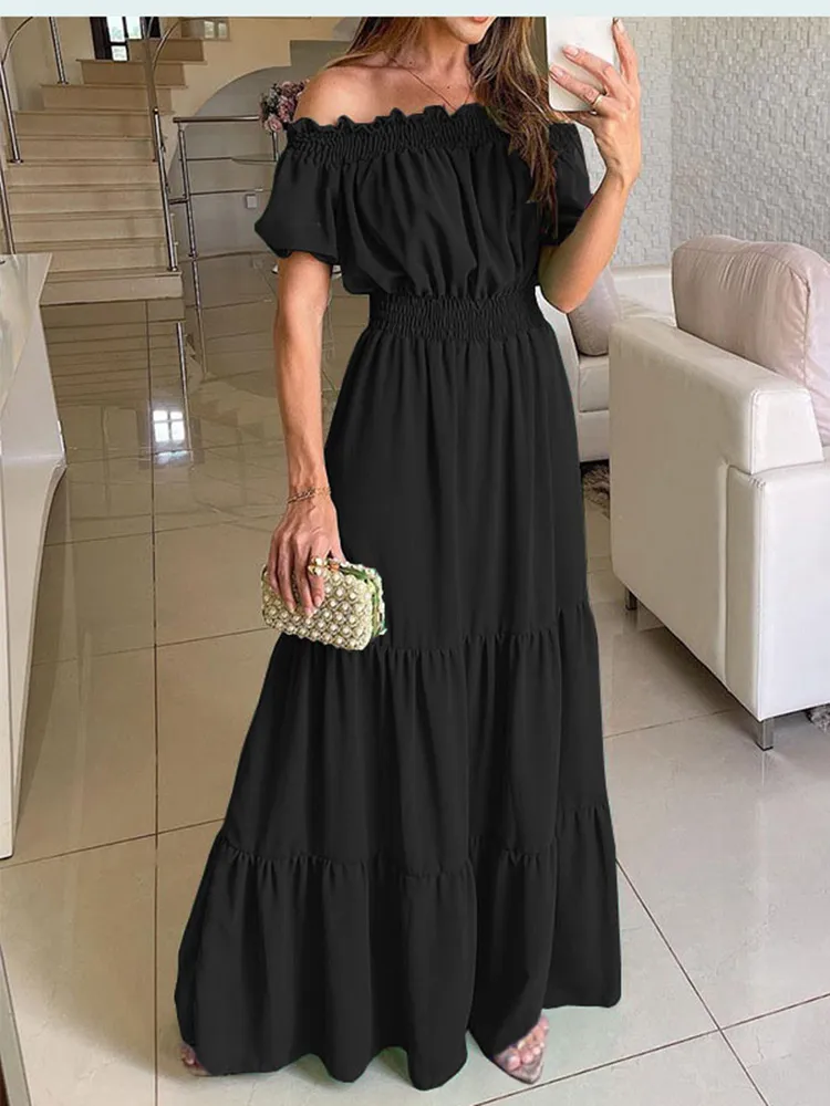 deanwangkt Women Slash Neck Maxi Dresses Summer Solid Casual Loose Short Sleeve Ruffle Dress Female Beach Party Long Dresses Elegant Robe - Deanwangkt