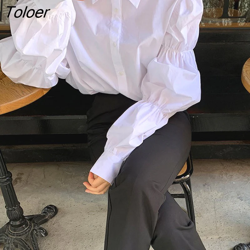 deanwangkt  White Puff Sleeve Women's Shirts Korean Style Single-breasted Long Sleeve Blouse Woman Turn Down Collar Blusas Mujer - Deanwangkt