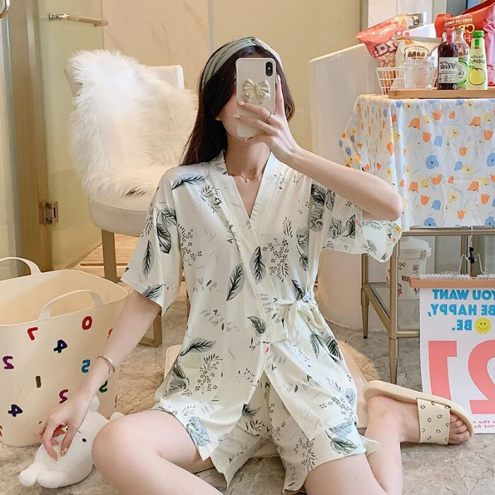 deanwangkt Summer Short pink Pajamas For Women Cute Girl Sleepwear Kimono Pajama Sets Pyjamas Casual Sleepwear Homewear Lounge Fashion - Deanwangkt
