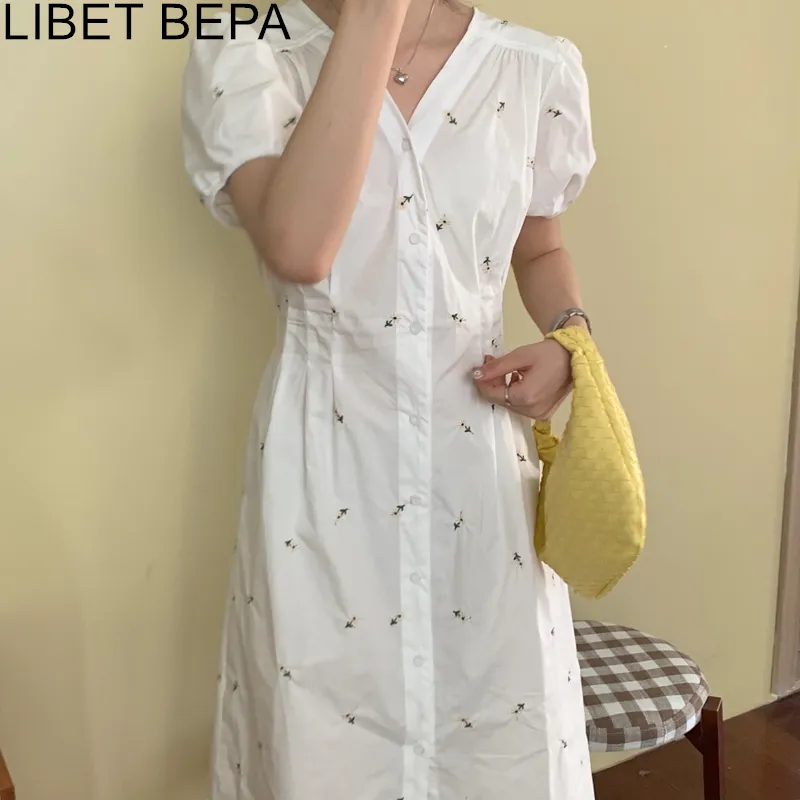 Joskka  New Women Summer Dresses Casual Embroidery Floral Puff Sleeve Buttons High Waist Vintage Back Hollow Out Long Dress - Deanwangkt