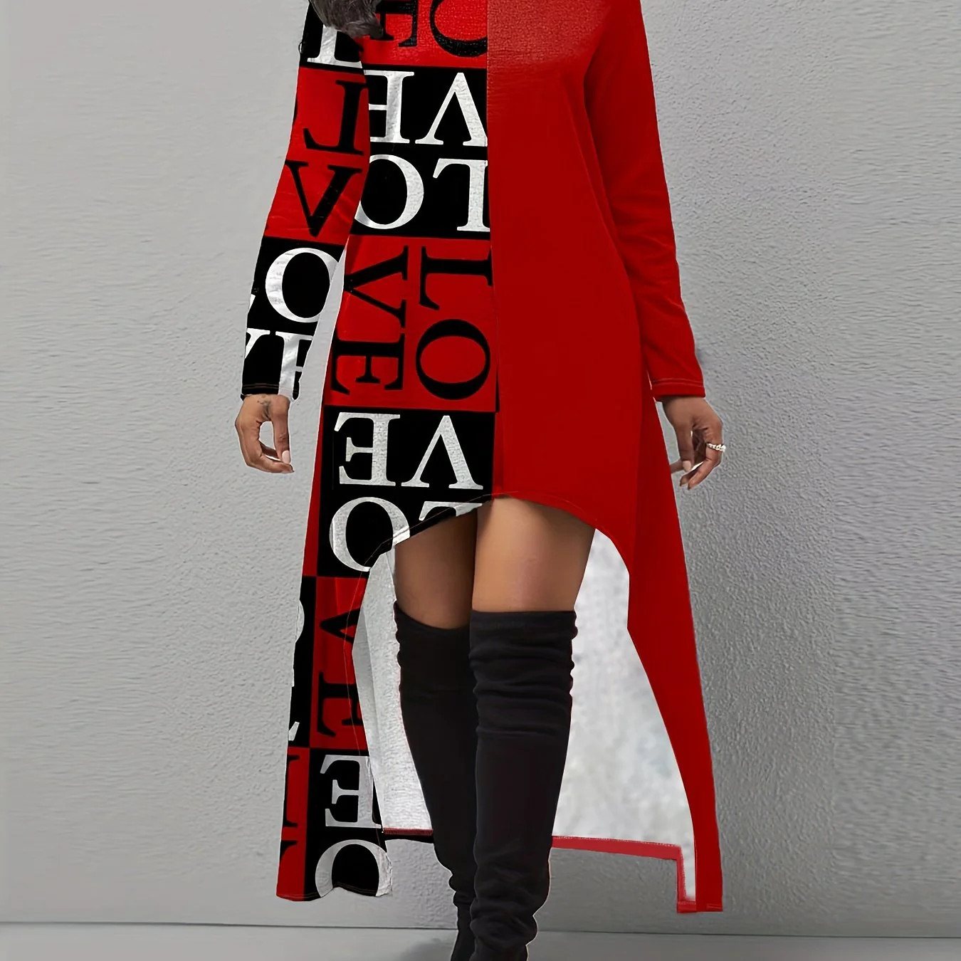 Letter Print Splicing Dress, Casual Dipped Hem Long Sleeve Dress, Women's Clothing - Deanwangkt